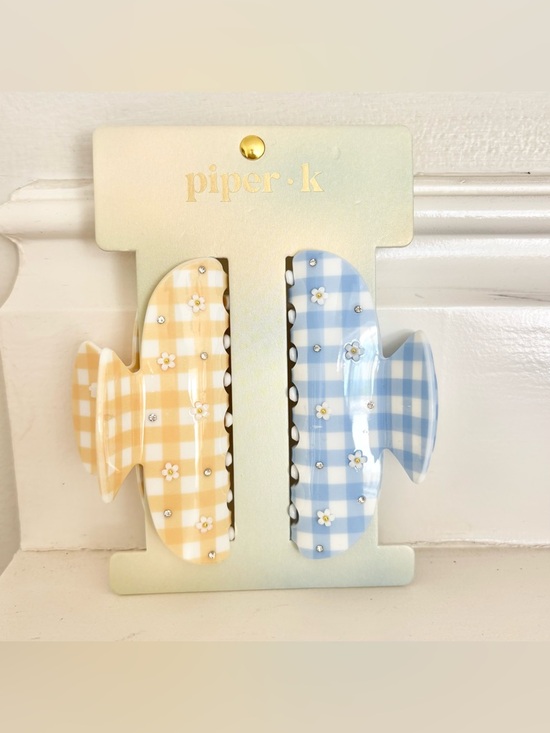 PIPER K Gingham Daisy Clip Set Choose Yellow & Blue OR Pink & Green - Picture 3 of 5